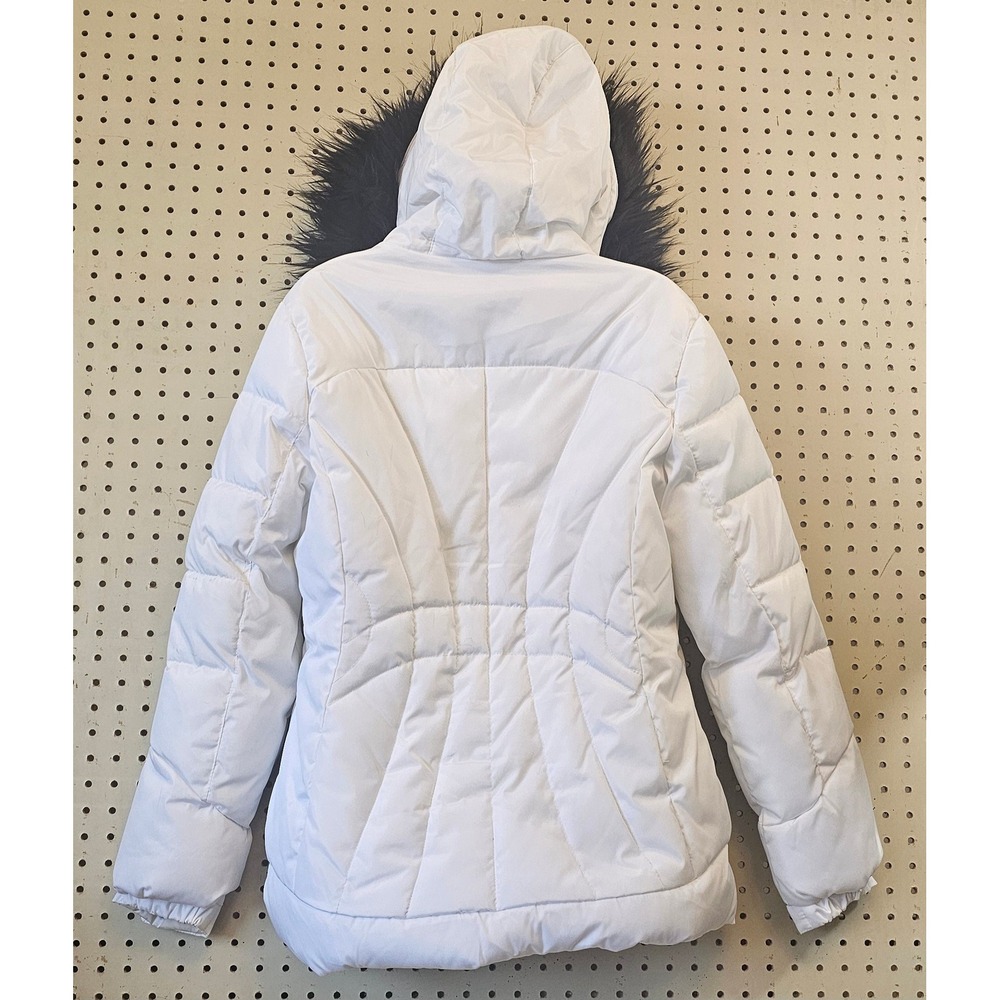Bebe White Puffer Jacket Faux Fur Hood Fleece Lined Rhinestone Logo Women Medium - Picture 4 of 8